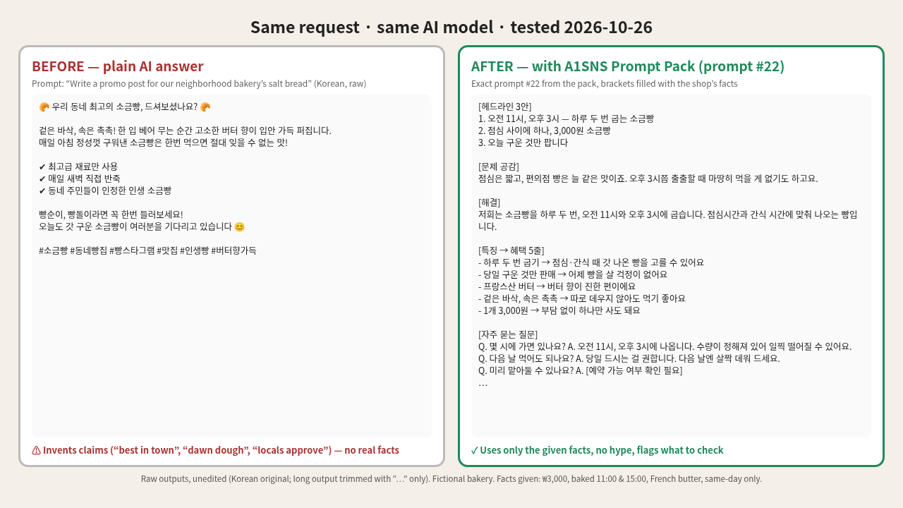 Before · After (real test) — A1SNS Practical Prompt Pack (30 prompts, Korean)