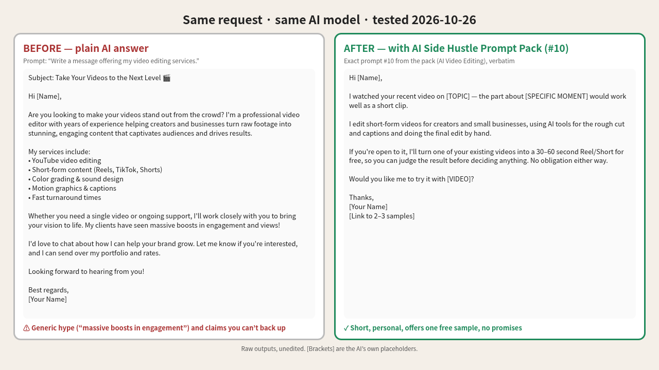 Before · After (real test) — AI Side Hustle Prompt Pack (20 side hustles · 300 prompts)