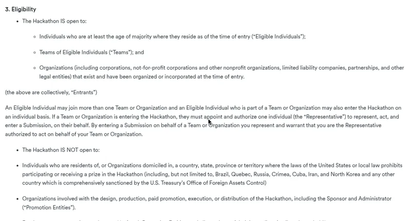 해커톤 규칙 페이지의 참가 자격(Eligibility) 항목