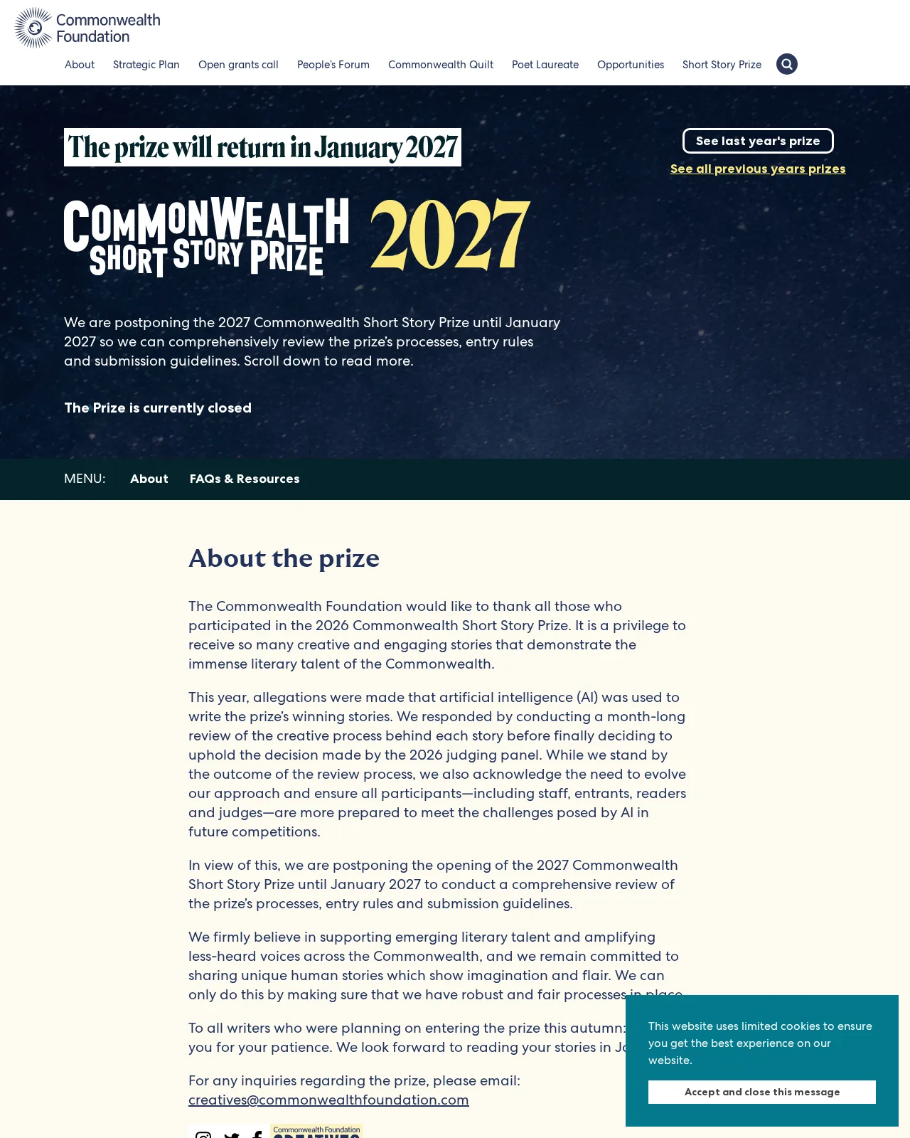 2027年の賞が2027年1月に再開されると告知するCommonwealth Short Story Prizeのページ