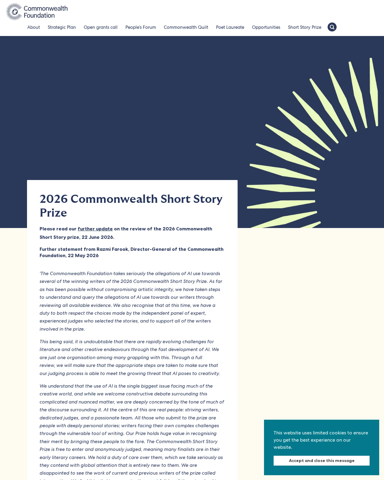 無料応募と匿名審査に触れたCommonwealth Foundationの2026年賞の声明