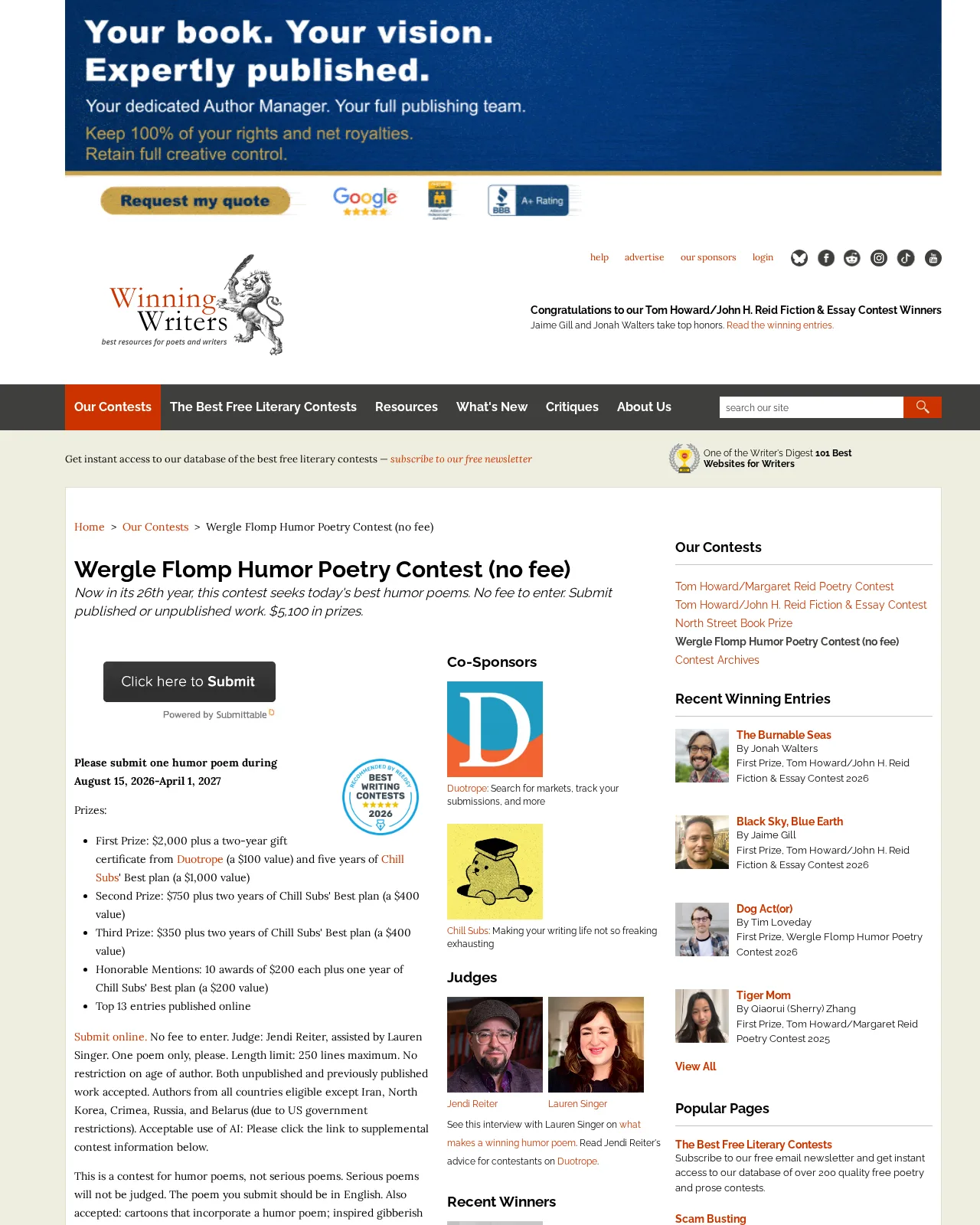 Winning Writersの応募無料Wergle Flompユーモア詩コンテストのページ