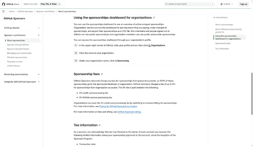 Sección de GitHub Docs sobre comisiones de patrocinio