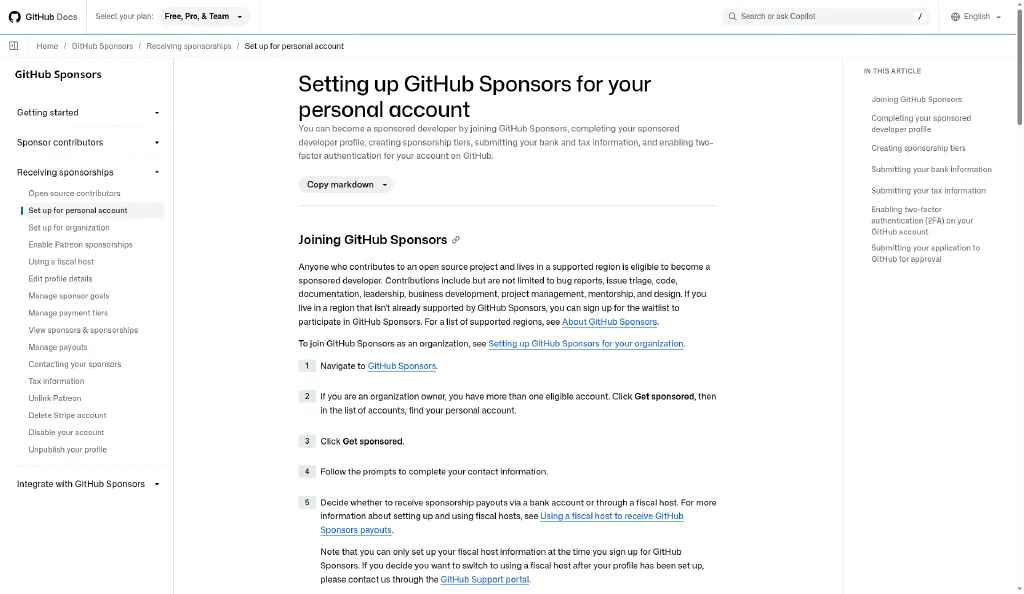 Pasos oficiales para unirse a GitHub Sponsors con cuenta personal
