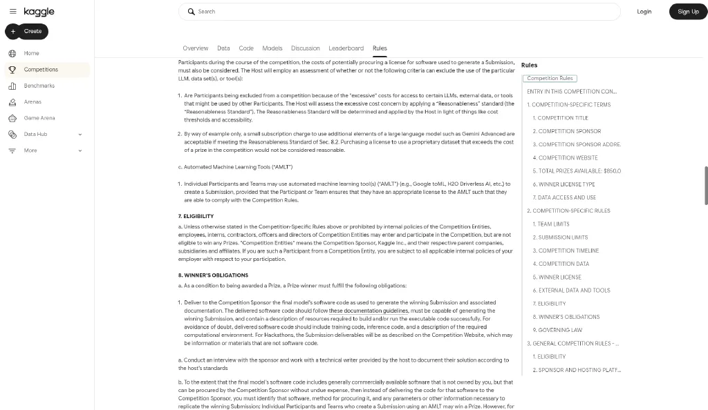 Ejemplo de reglas de Kaggle: elegibilidad y obligaciones del ganador