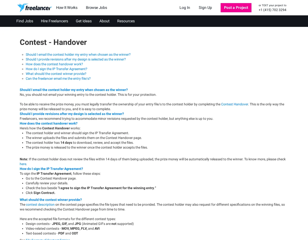 Freelancer.com कॉन्टेस्ट हैंडओवर FAQ