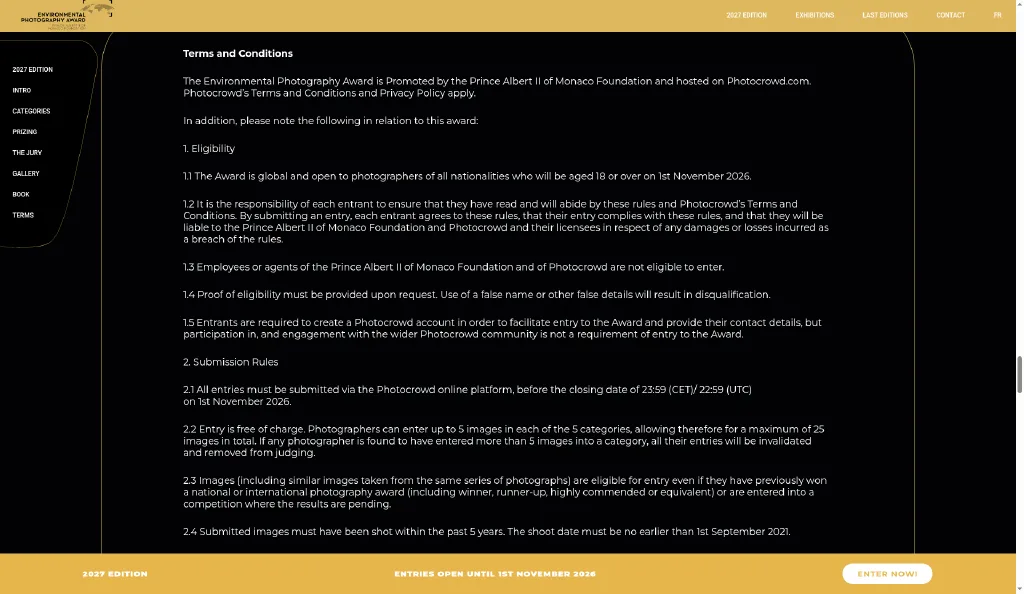 Environmental Photography Award rules stating that entry is free of charge