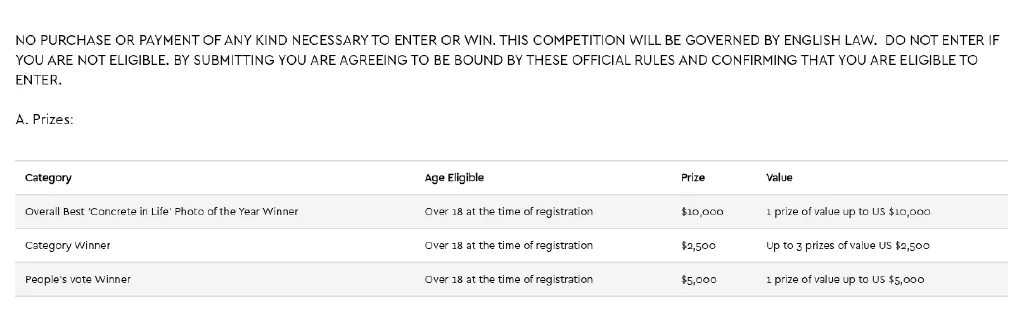 Concrete in Life rules: no payment needed to enter and the prize table