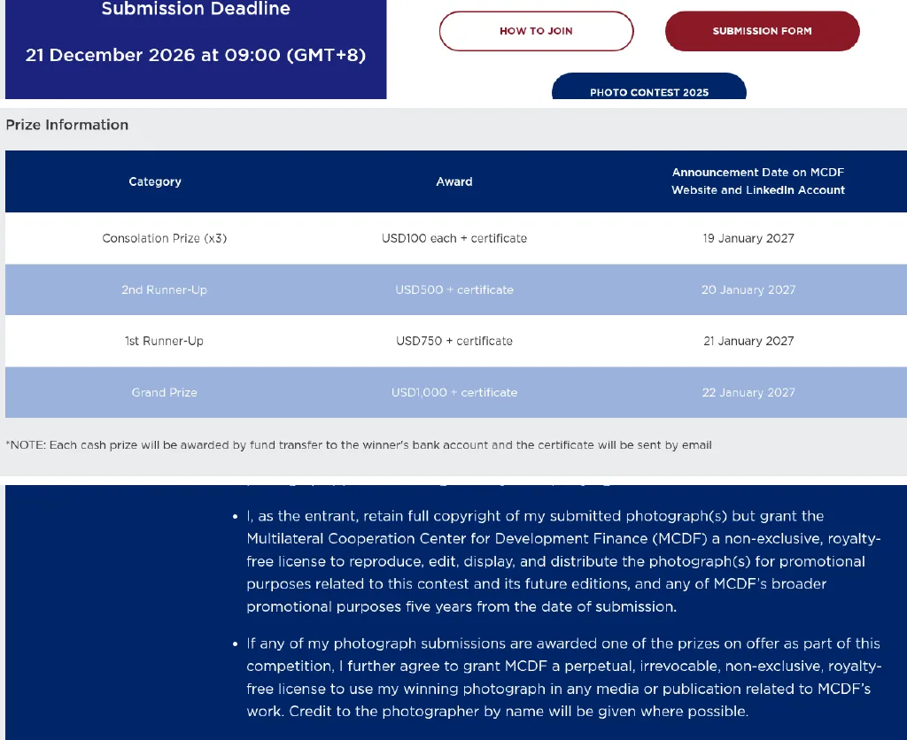 MCDF Photo Contest prizes and licence terms