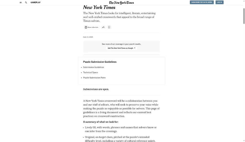 New York Times crossword submission guidelines
