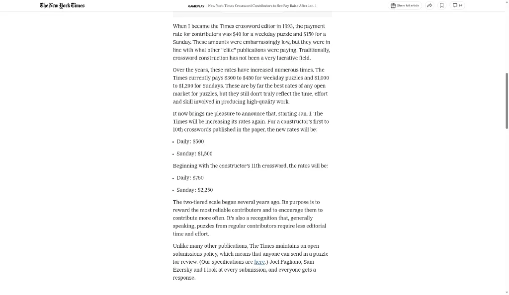 NYT article announcing crossword contributor pay rates
