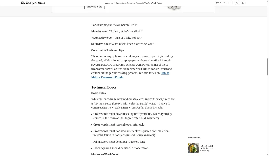 NYT crossword technical specifications