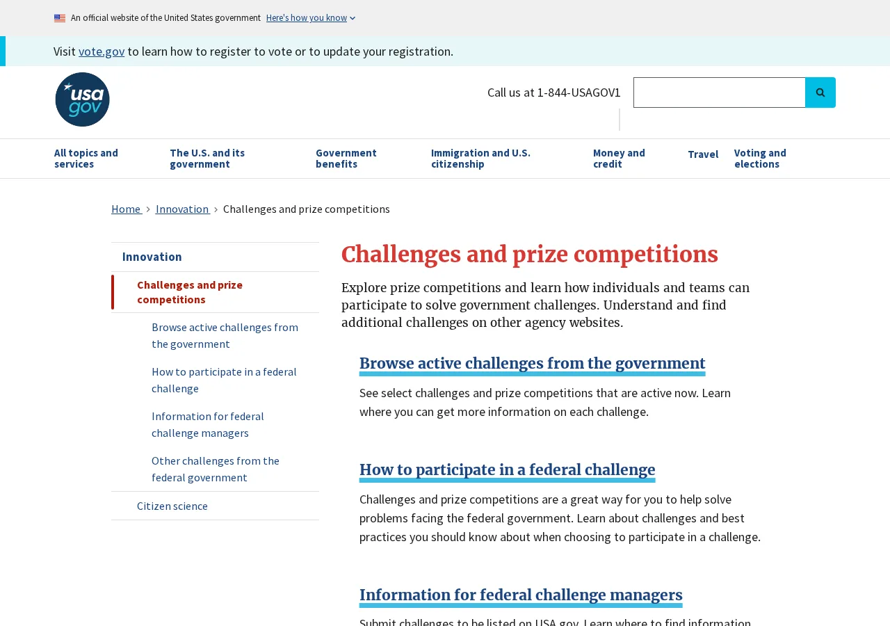 Página de USA.gov sobre retos y concursos con premios con enlaces a retos activos y participación