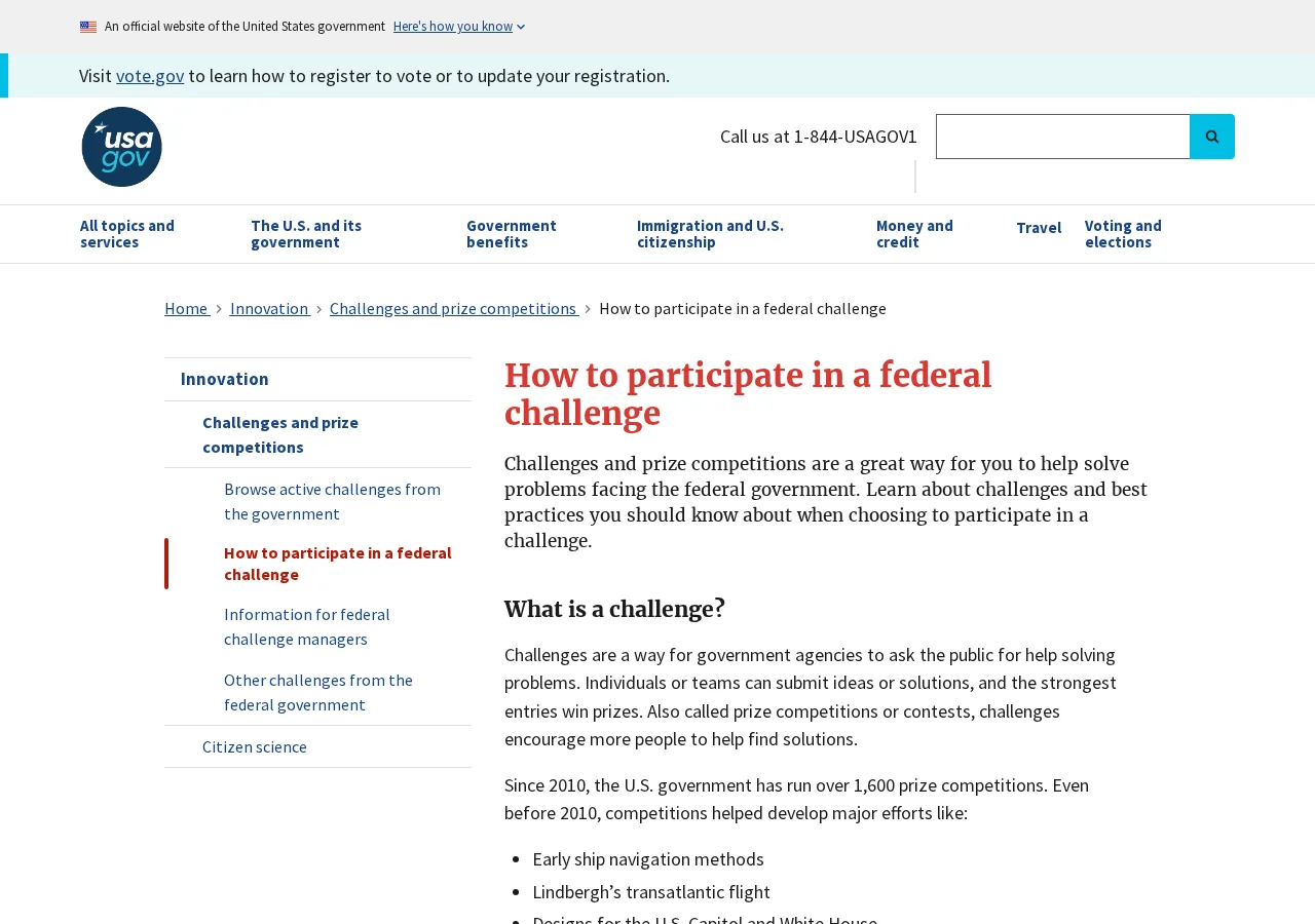 Guía de USA.gov que explica qué es un reto federal y qué revisar antes de participar