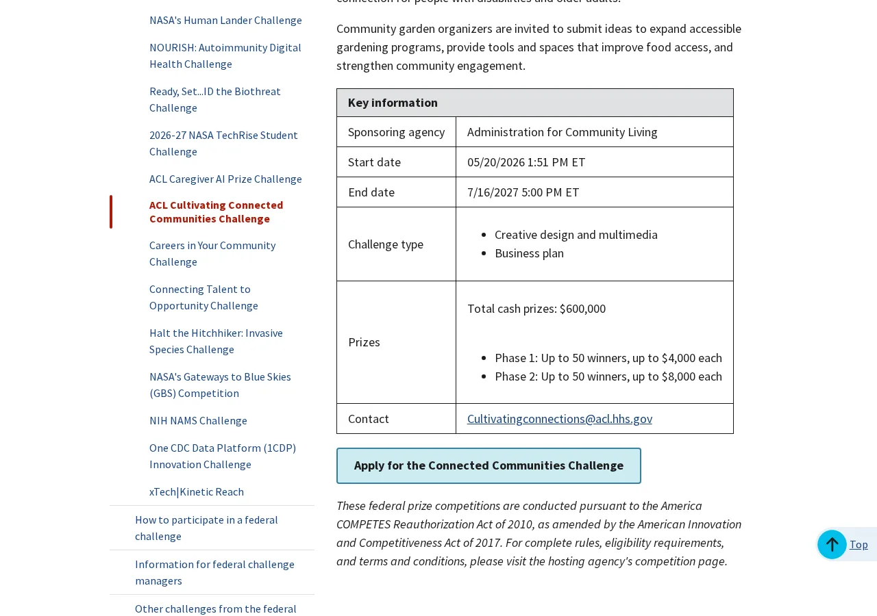 Tabla de información clave del reto Cultivating Connected Communities de ACL con premios por fase