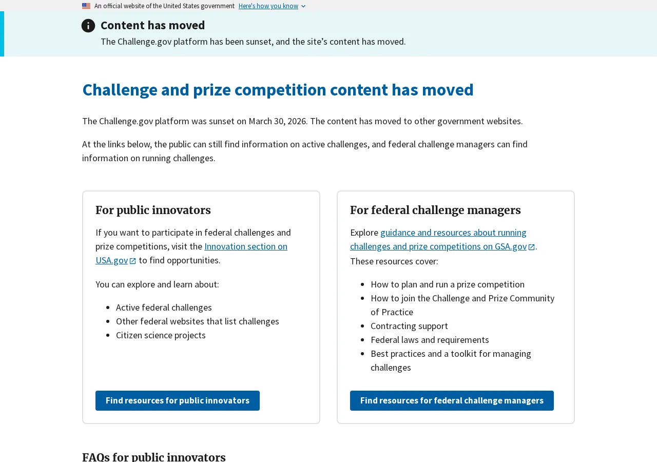 Aviso de Challenge.gov de que la plataforma cerró el 30 de marzo de 2026 y el contenido se trasladó